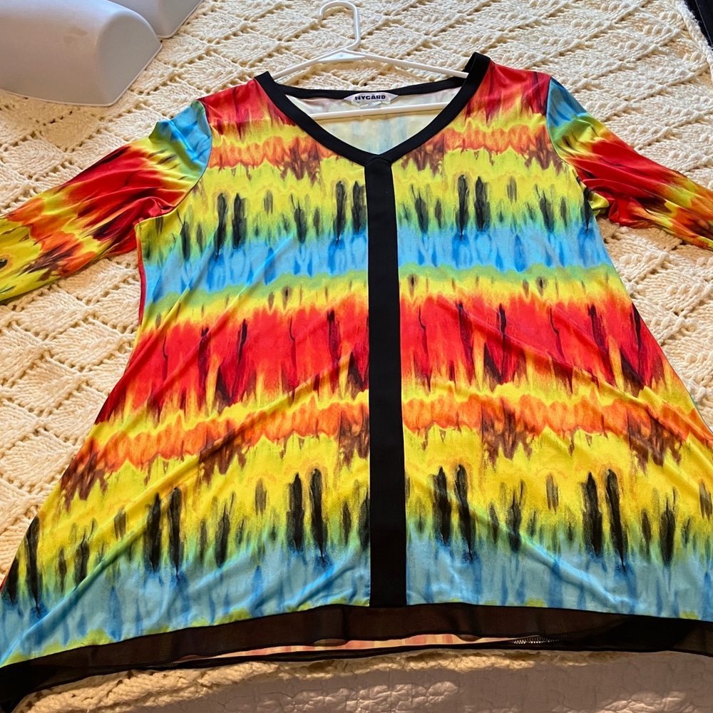 Peter Nygard Rainbow Tie-Dye V-Neck Tunic with Black Trim